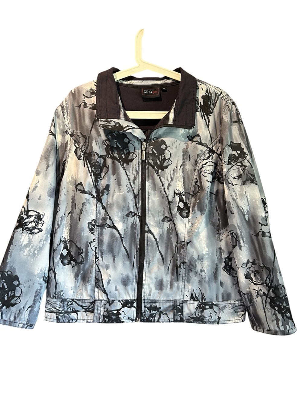 Orly Blue and Gray Floral-Print Zip Front Jean Jacket